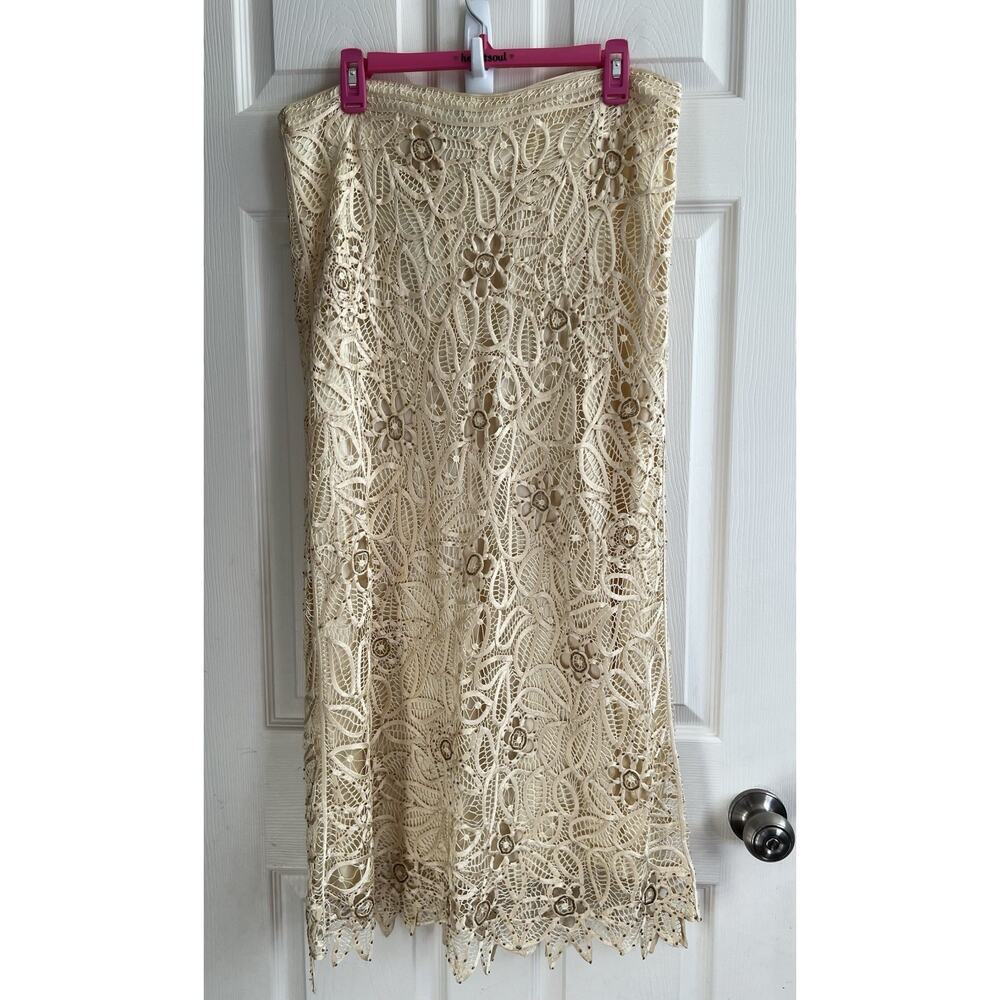 SILKEN POETRY Vintage 90s 100% Silk Floral Lace Bead Bohemian Maxi Skirt L NWT
